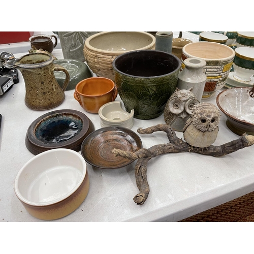 194 - A QUANTITY OF STUDIO POTTERY ITEMS TO INCLUDE PLANTERS, JUGS, BOWLS, VASES, OWLS, ETC