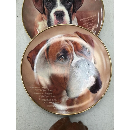 212 - THREE COLLECTORS PLATES WITH BULLDOGS, A SIGNED STONEWARE BOXER DOG 'BUSTER AND A BOSON'S WALL HANGI... 