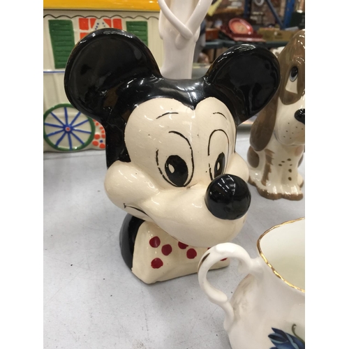 226 - A QUANTITY OF ITEMS TO INCLUDE MICKEY MOUSE MONEY BOX, FIGURINES, CANDLESTICKS, ETC