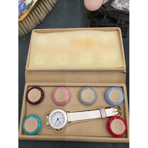 235 - A QUANTITY OF ITEMS TO INCLUDE A BOXED 'ALFEX' WATCH WITH INTERCHANGEABLE FACE COLOURS, SCENT BOTTLE... 