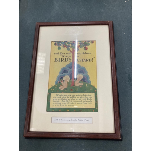 260 - THREE FRAMED VINTAGE STYLE ADVERTISING PRINTS TO INCLUDE BIRD'S CUSTARD, ROWNTREE'S JELLY AND CADBUR... 