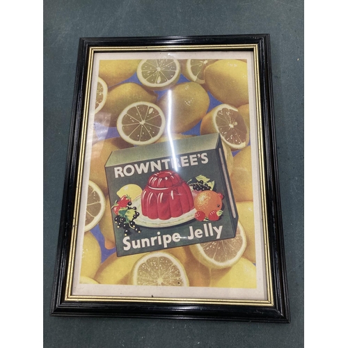 260 - THREE FRAMED VINTAGE STYLE ADVERTISING PRINTS TO INCLUDE BIRD'S CUSTARD, ROWNTREE'S JELLY AND CADBUR... 