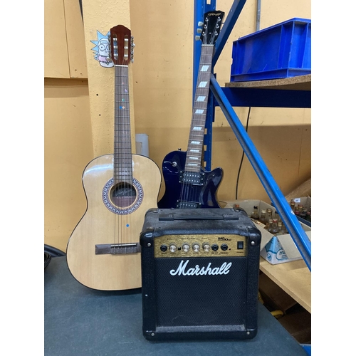 279 - AN ELECTRIC GUITAR, ACCOUSTIC GUITAR AND A MARSHALL AMPLIFIER IN WORKING ORDER AT TIME OF CATALOGUIN... 