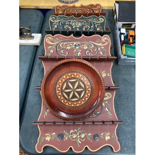 294 - THREE COLLECTABLE SPOON RACKS DECORATED IN A BARGEWARE PATTERN, ETC