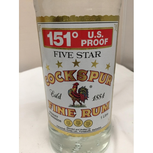 410 - A LITRE BOTTLE OF 151 U.S. PROOF COCKSPUR FINE RUM - A  PRODUCT OF BARBADOS TOGETHER WITH A LITRE BO... 