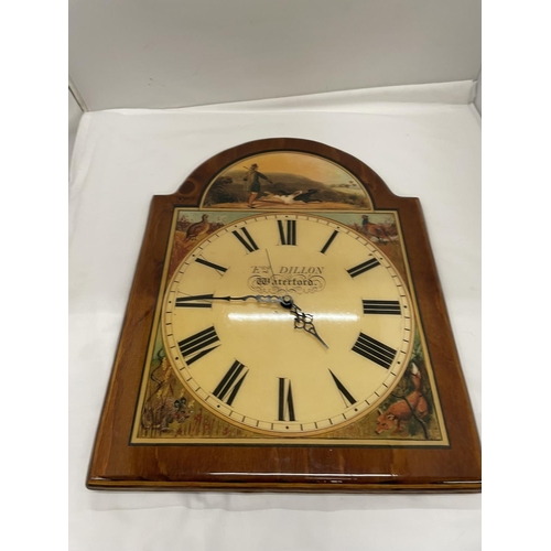 455 - A EWD. DILLON, WATERFORD WALL CLOCK WITH HUNTING DECORATION