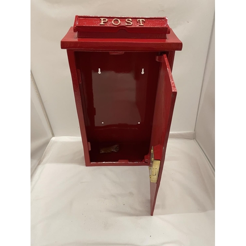 461 - A RED WALL MOUNTED GR POSTBOX WITH KEYS HEIGHT 45CM