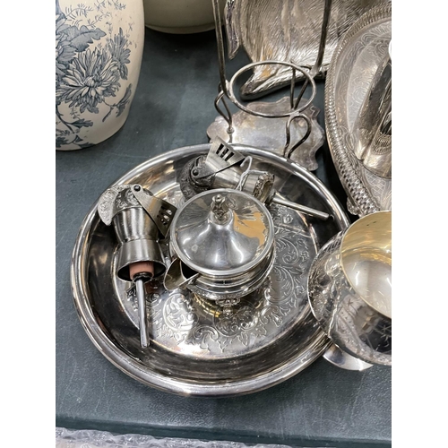 486 - A QUANTITY OF SILVER PLATED ITEMS TO INCLUDE TEA AND COFFEE POTS, GOBLET, A STAG DISH, GALLERIED TRA... 