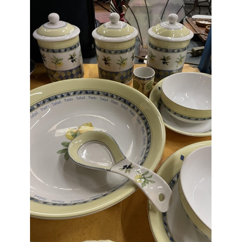 489 - A LARGE QUANTITY OF ROYAL DOULTON 'CARMINA' CHINA TO INCLUDE SERVING PLATES, STORAGE JARS, CRUET SET... 