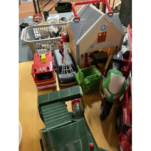 494 - A VARIETY  OF TOY VEHICLES TO INCLUDE A FIRE ENGINE, SPIDER MOBILE, AMBULANCE, AEROPLANE TOGETHER WI... 