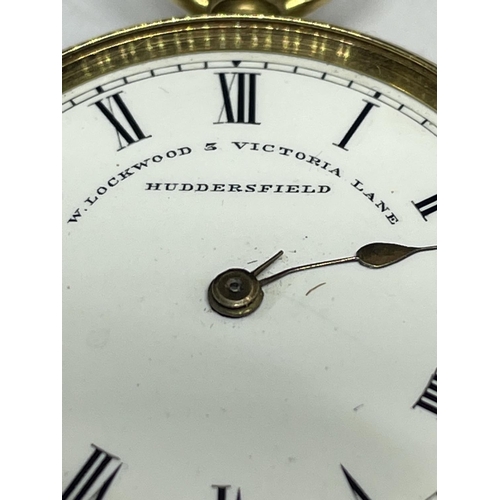 502 - A HALLMARKED CHESTER 18 CARAT GOLD LADIES POCKET WATCH MARKED W LOCKWOOD, 3 VICTORIA LANE, HUDDERSFI... 