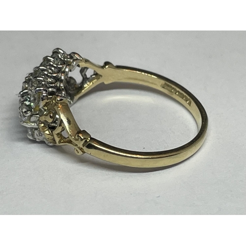 513 - A 9 CARAT GOLD RING WITH FIFTEEN CUBIC ZIRCONIA STONES IN A CLUSTER DESIGN SIZE N