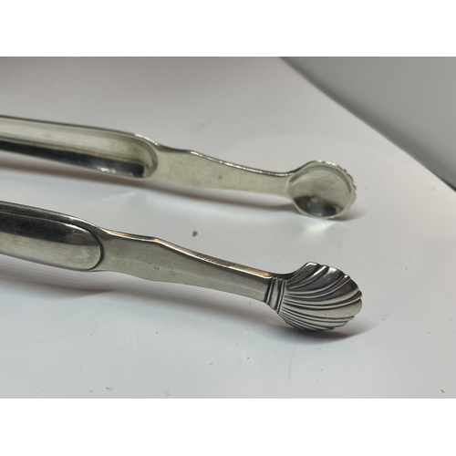 528 - A PAIR OF CONTINETAL SILVER SUGAR TONGS WITH SHELL DESIGN