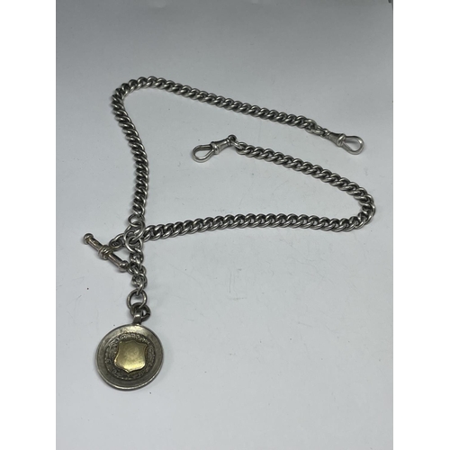 539 - A SILVER DOUBLE ALBERT WATCH CHAIN AND FOB