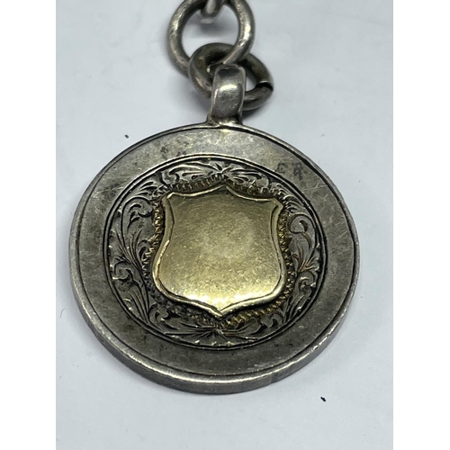 539 - A SILVER DOUBLE ALBERT WATCH CHAIN AND FOB