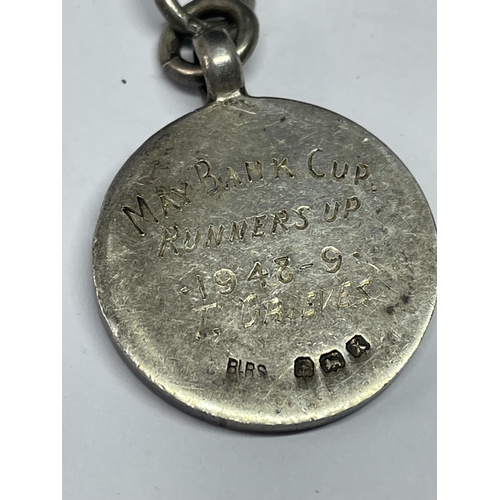 539 - A SILVER DOUBLE ALBERT WATCH CHAIN AND FOB