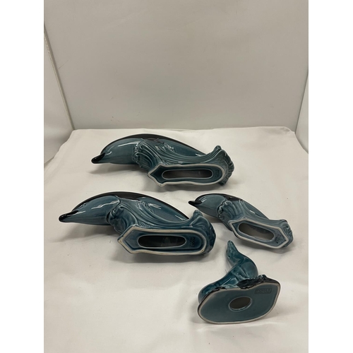 63 - FOUR POOLE POTTERY ANIMALS TO INCLUDE THREE DOLPHINS OF GRADUATING SIZES AND A SEAL, ALL MARKED TO T... 