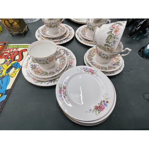 64 - A QUANTITY OF CHINA TEAWARE TO INCLUDE PARAGON 'COUNTRY LANE' TRIOS, PLATES, SUGAR BOWL AND CREAM JU... 