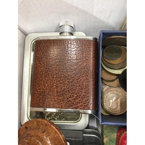 259A - A BOX OF VARIOUS ITEMS TO INCLUDE COSTUME JEWELLERY, COINS, HIP FLASK, PEN KNIFE ETC