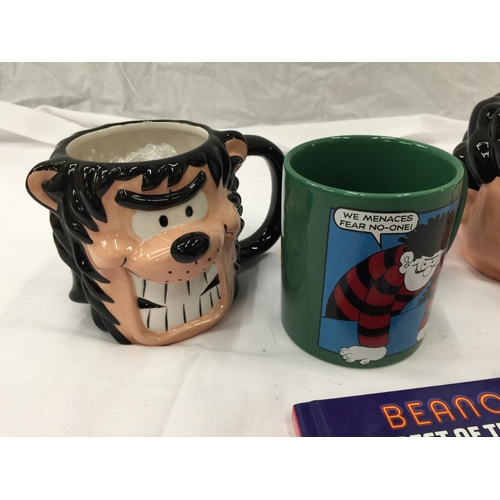 284 - THREE BEANO MUGS TO INCLUDE DENNIS THE MENACE, GNASHER AND A BOOK