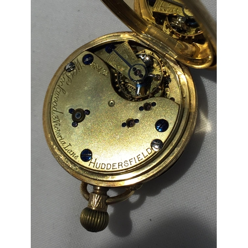 502 - A HALLMARKED CHESTER 18 CARAT GOLD LADIES POCKET WATCH MARKED W LOCKWOOD, 3 VICTORIA LANE, HUDDERSFI... 