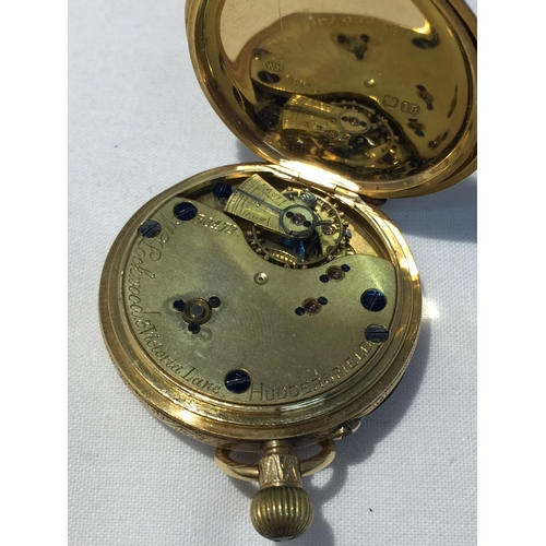 502 - A HALLMARKED CHESTER 18 CARAT GOLD LADIES POCKET WATCH MARKED W LOCKWOOD, 3 VICTORIA LANE, HUDDERSFI... 