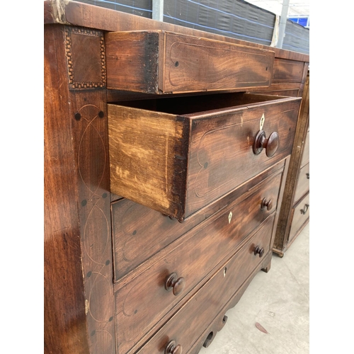 2449 - A 19TH CENTURY MAHOGANY CHEST OF TWO SHORT AND THREE LONG DRAWERS COMPLETE WITH TWO SECRET DRAWERS 4... 