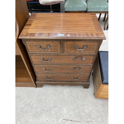 2451 - A REPRODUCTION MAHOGANY AND CROSS BANDED CHEST OF TWO SHORT AND THREE LONG DRAWERS 24.5