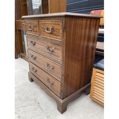 2451 - A REPRODUCTION MAHOGANY AND CROSS BANDED CHEST OF TWO SHORT AND THREE LONG DRAWERS 24.5