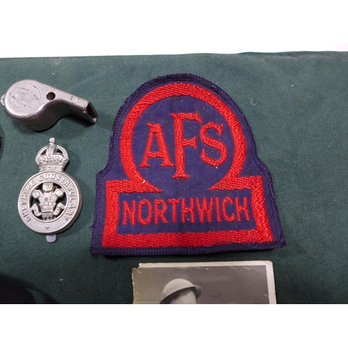 309 - A WORLD WAR II NORTHWICH AUXILLERY FIRE SERVICE CLOTH BADGE, CHESHIRE CONSTABULARY BADGE, R.A.M.C. C... 