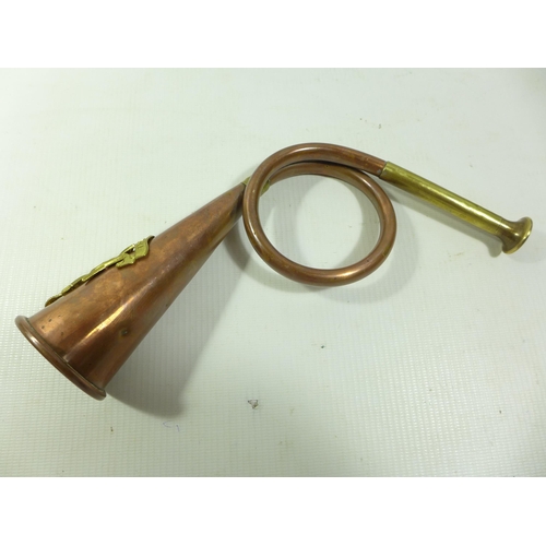 301 - A COPPER AND BRASS BUGLE WITH APPLIED 12TH COUNTY OF LONDON RANGERS BADGE, LENGTH 23CM