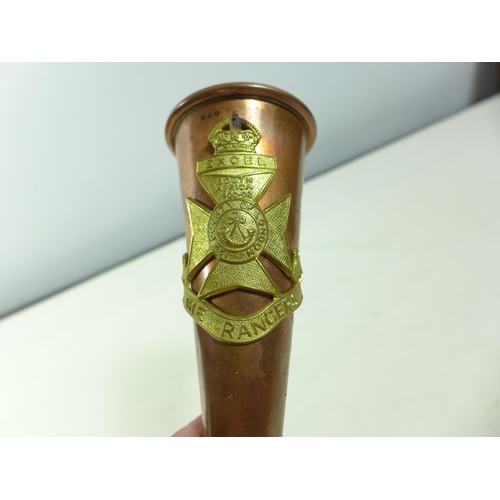 301 - A COPPER AND BRASS BUGLE WITH APPLIED 12TH COUNTY OF LONDON RANGERS BADGE, LENGTH 23CM