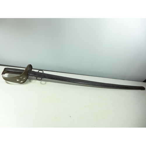 311 - A MID 19TH CENTURY CAVALRY TROOPERS SWORD AND SCABBARD, 87CM BLADE, WITH MILITARY STAMPS