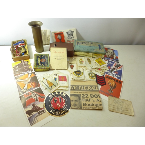 329 - A COLLECTION OF ASORTED MILITARIA, 1918 SHELL CASE, SILK CIGARETTE CARDS, TINS ETC