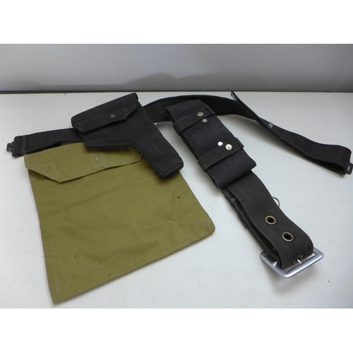 348 - A BLACK CANVAS HOLSTER AND BELT, FURTHER BELT AND A CANVAS  MAP CASE DATED 1940 (3)