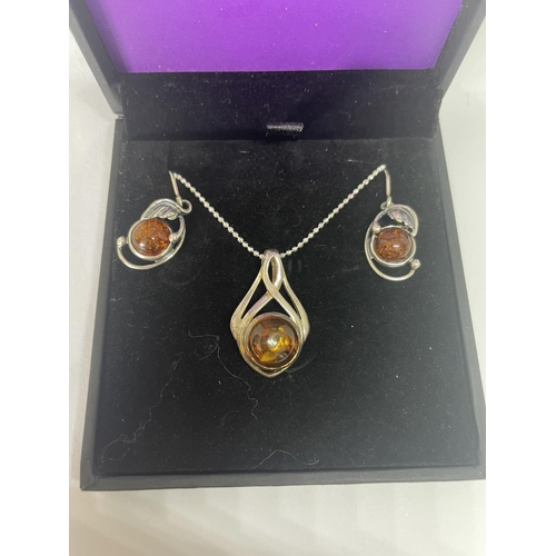 507 - A MARKED SILVER NECKLACE AND EARRING SET WITH AMBER STONES IN A PRESENTATION BOX