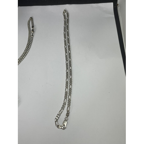 527 - TWO MARKED SILVER NECKLACES TO INCLUDE A FIGARO STYLE AND A FLAT CURB LINK