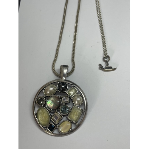 533 - FOUR MARKED SILVER NECKLACES WITH PENDANTS TO INCLUDE A LARGE GREEN STONE, A GONDOLA,BLACK STONE AND... 