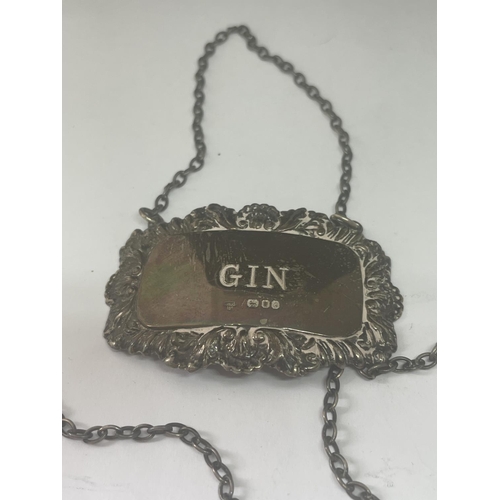 548 - THREE HALLMARKED SILVER DECANTER LABEL TAGS NAMED WHISKY, PORT AND GIN