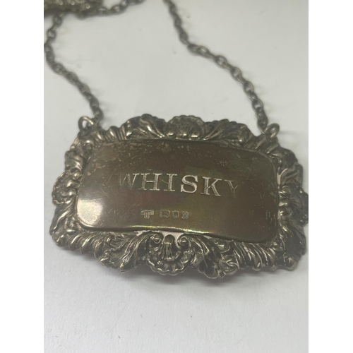 548 - THREE HALLMARKED SILVER DECANTER LABEL TAGS NAMED WHISKY, PORT AND GIN