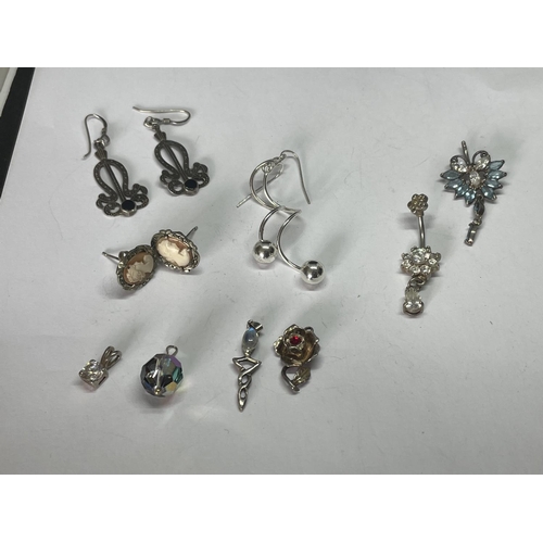 583 - ASSORTED SILVER ITEMS TO INCLUDE THREE PAIRS OF EARRINGS, FOUR PENDANTS AND TWO BELLY BARS