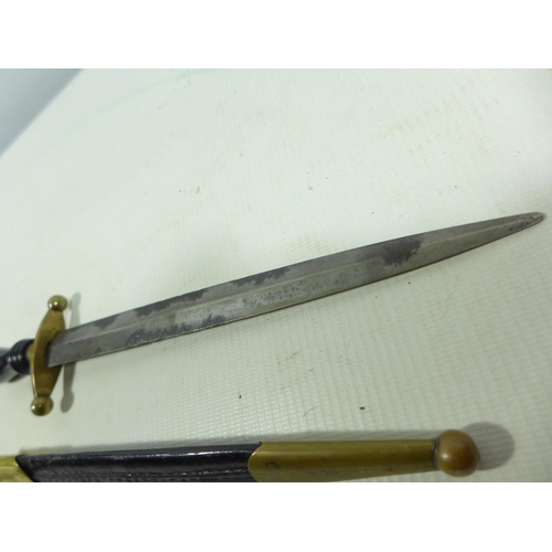 356 - A 19TH CENTURY DAGGER AND SCABBARD, 21CM BLADE, BRASS MOUNTS, TURNED WOOD GRIP