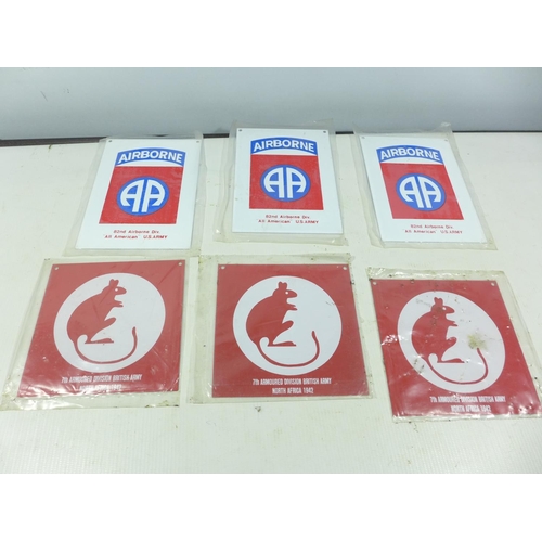 358 - SIX PAINTED ON METAL MILITARY PLAQUES FOR THE 7TH ARMOURED DIVISION AND THE 82ND AIRBORNE DIVISION