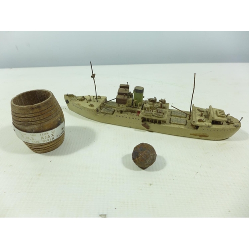 363 - A MODEL OF THE SHIP 'JAMAICA PRODUCER' DATED 1946, LENGTH 21CM, TEAK BARREL FROM HMS AJAX, IRON BALL... 