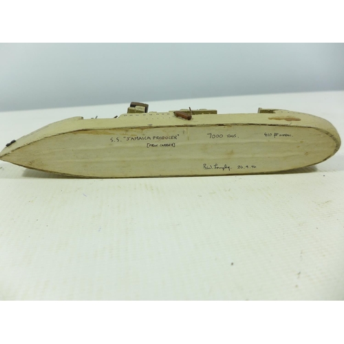 363 - A MODEL OF THE SHIP 'JAMAICA PRODUCER' DATED 1946, LENGTH 21CM, TEAK BARREL FROM HMS AJAX, IRON BALL... 