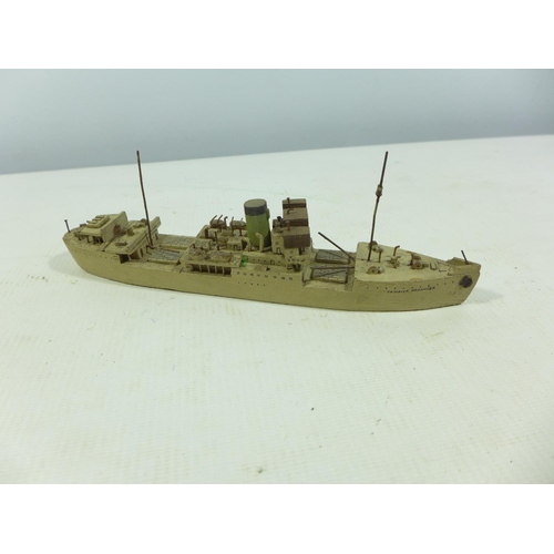 363 - A MODEL OF THE SHIP 'JAMAICA PRODUCER' DATED 1946, LENGTH 21CM, TEAK BARREL FROM HMS AJAX, IRON BALL... 