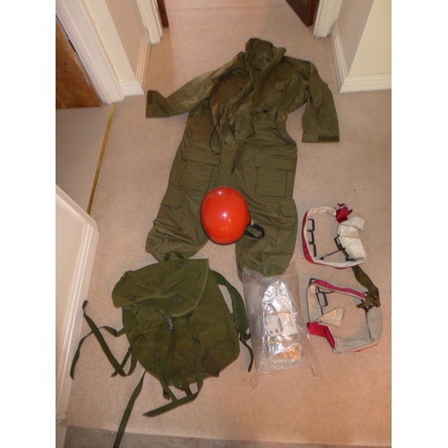 369 - A MILITARY/OUTDOOR ADVENTURE COVERALL, RED HELMET, OVERBOOTS AND STRAPS ETC