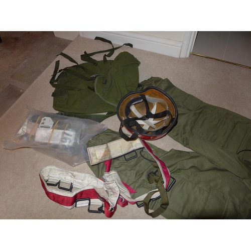 369 - A MILITARY/OUTDOOR ADVENTURE COVERALL, RED HELMET, OVERBOOTS AND STRAPS ETC