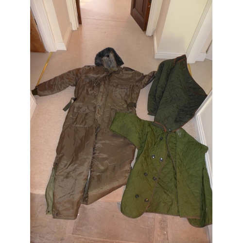 371 - A MILITARY/FISHING/SHOOTING ALL IN ONE INSULATED SUIT, SIZE XL AND TWO QUILTED JACKETS (3)