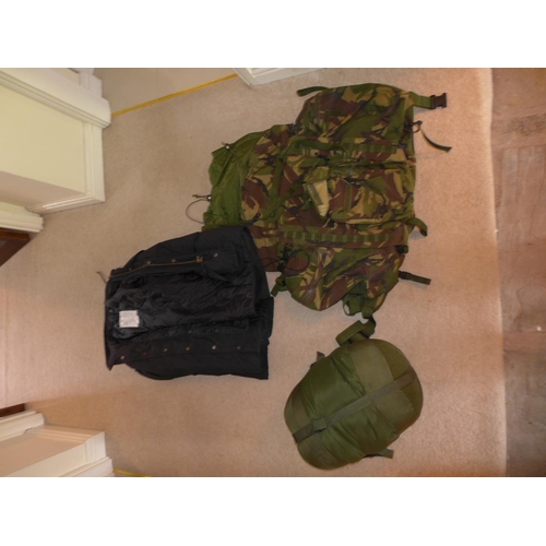 372 - A BRITISH ARMY BERGEN BACKPACK, COMPRESSION BAG AND A COLD WEATHER JACKET (3)